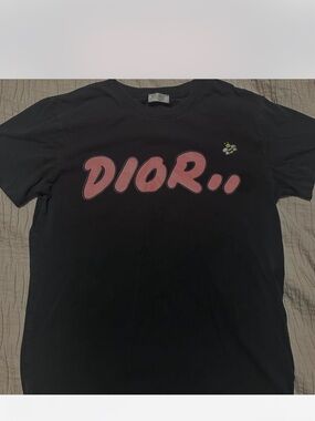 Dior Black Tee with Pink Bubble Logo and Bee Accent